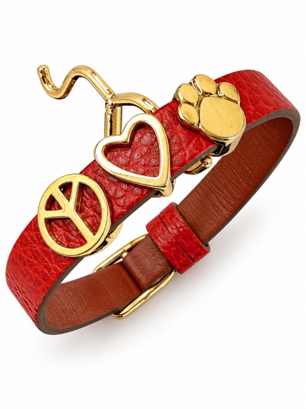 Red Leather Peace Love Paw Pet Charm Bracelet Gold Tone